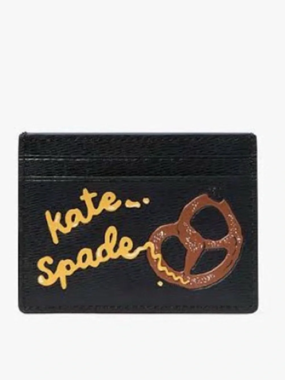New Kate Spade NYC Big Apple Pretzel Small Slim Card Holder Black Faux Leather